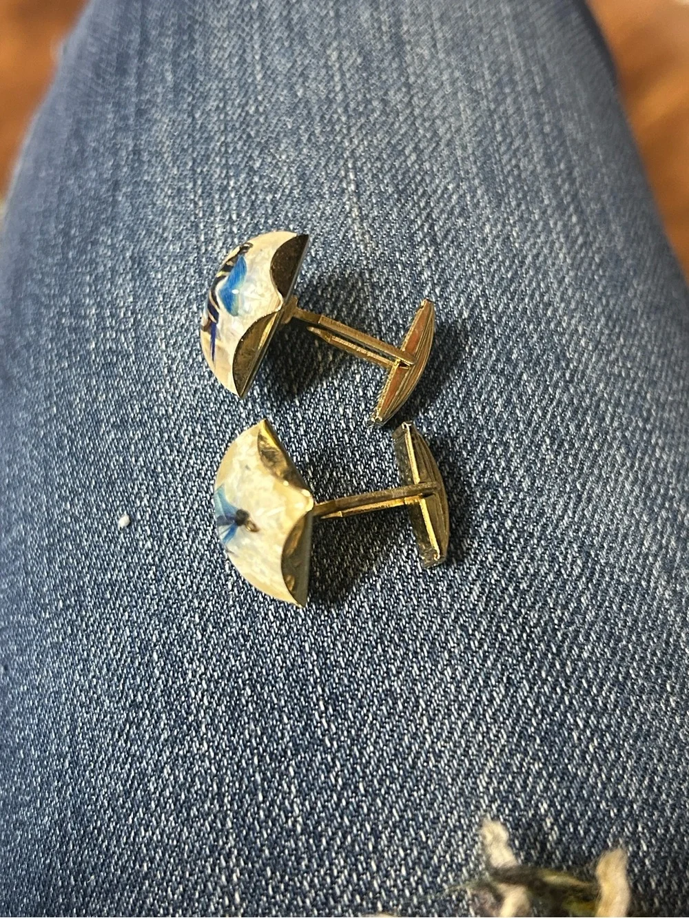 Vintage Fishing Lure Cuff Links with Iridescent Inlay and Gold Tone